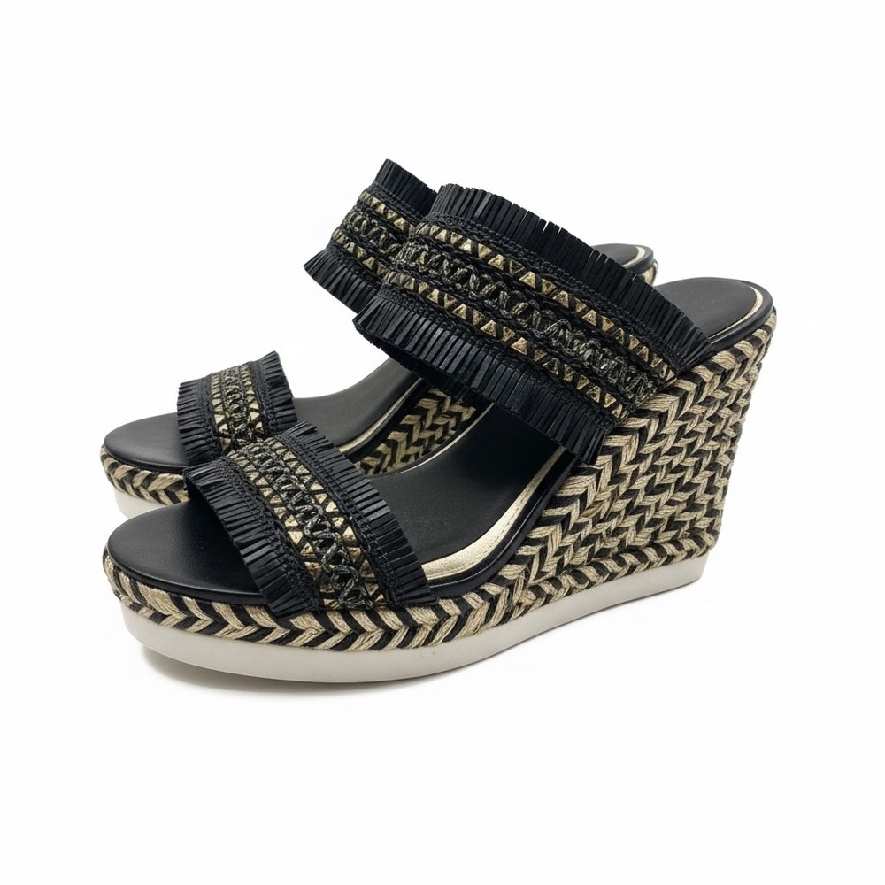 Black Gold Woven Platform Wedge Sandals Fringed Metallic Boho Luxe Resort Summer